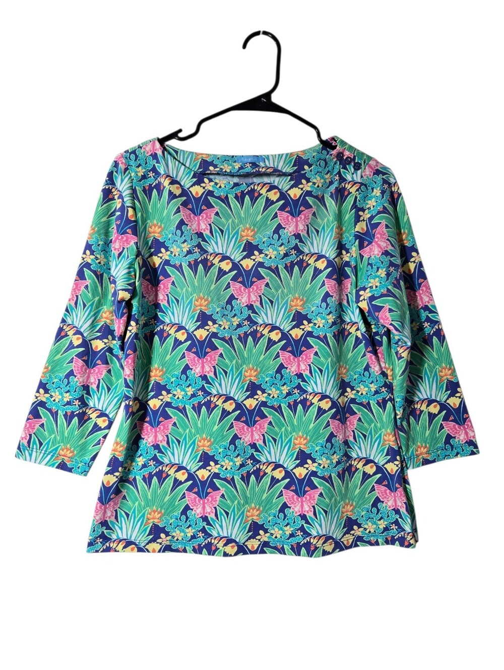 J. McLaughlin Carly Catalina Cloth Boatneck 3/4 Sleeve Butterflies Floral Top